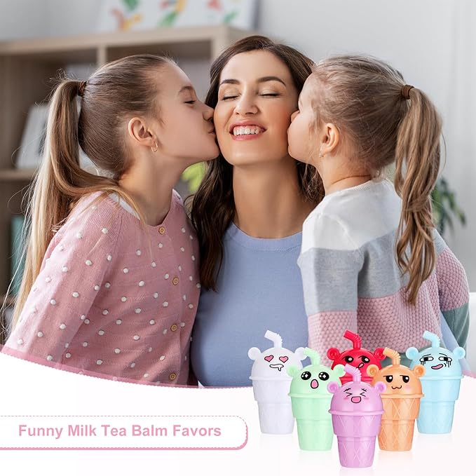 24 Sets Milk Tea Shaped Cute Lip Balm Fruit Flavored Lip Balm with Milk Tea Theme Gift Cards Milk Tea Boba Lover Birthday Baby Shower Party Inspirational Gifts Favors for Girls Kids Women-FemmiqueWomen