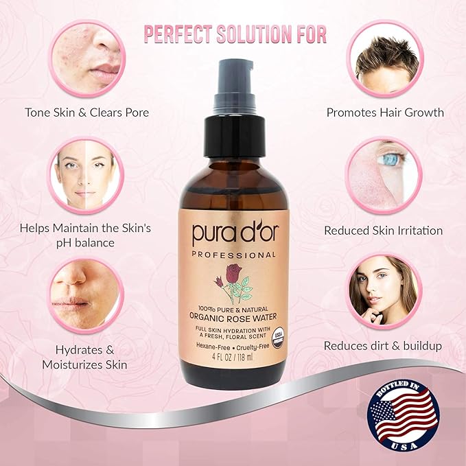 PURA D'OR Organic Rose Water Toner (4oz / 118mL) Eau Fraiche, 100% Pure Full Skin Hydration, Control Excess Oils & Acne - Cleanses & Softens - Promotes Healthy Skin Cell - for All Skin Types-FemmiqueWomen