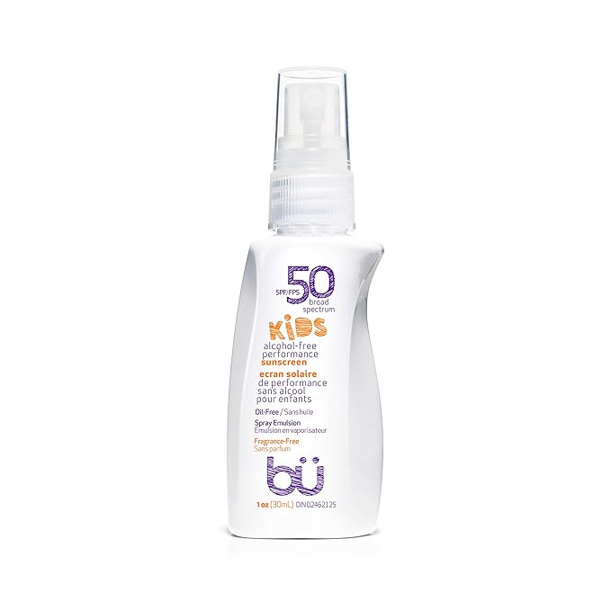 BU SPF 50 Kids Sunscreen Spray for Face and Body, Non Aerosol Spray, TSA Travel Size Sunscreen, Clear, Non Greasy, Water Resistant, Oil Free, Fragrance Free 1 oz-FemmiqueWomen