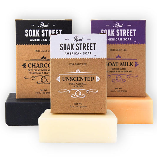 Real American Soap (Variety Bundle, 3 Pack) – Natural Bar Soap Made with Grass-Fed Tallow, Conditioning Lard, & Pure Coconut Oil – Unscented, Charcoal & Tea Tree Oil, & Lavender Goat Milk-FemmiqueWomen