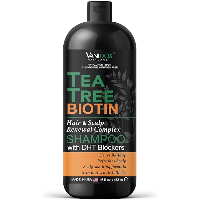 Tea Tree Oil Shampoo with Biotin, DHT Blockers, Itchy Scalp Relief, Supports Thicker-Looking Hair, Cleanses Dandruff & Buildup, For Men & Women, Made in USA, 16 fl oz-FemmiqueWomen