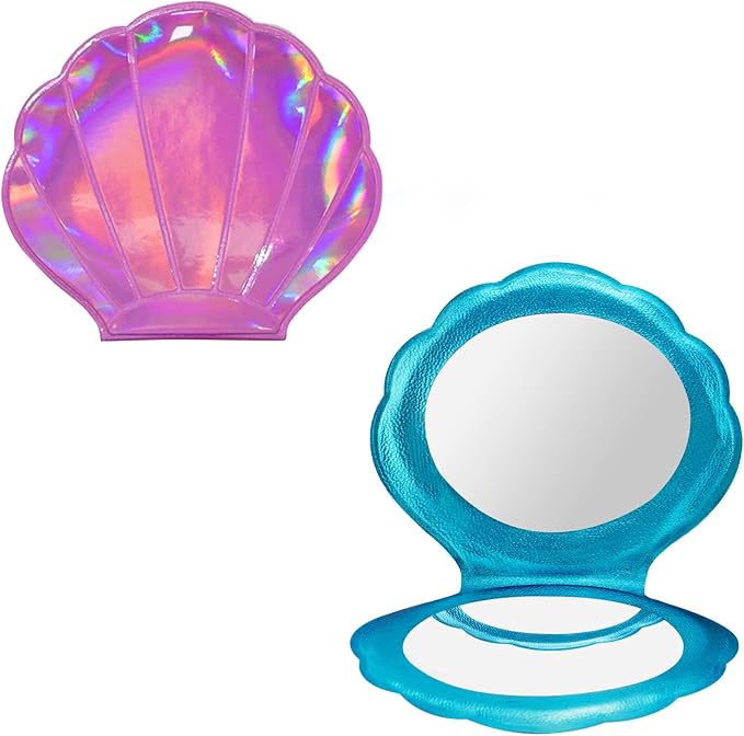 Compact Magnifying Mirror, 2 pcs Seashell Mirrrors with Gift Wrapping, Shell Mirrors Double-Sided Magnification Makeup Mirror for Women Girls (Blue Seashell, Pink Seashell)