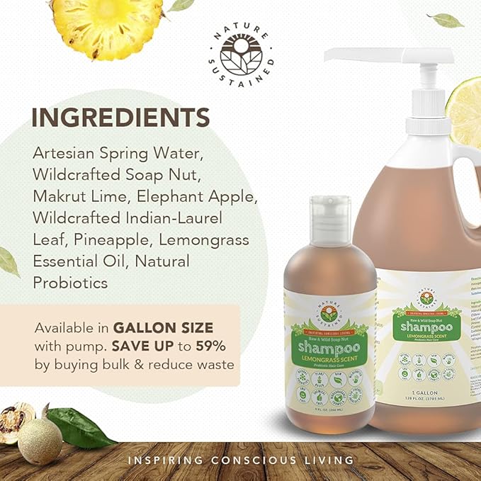 Organic Shampoo - Raw & Wildcrafted with Probiotics, Hypoallergenic Natural & Sulfate Free Shampoo for Sensitive Scalp, Dry Hair, Dandruff, Gallon, Lemongrass-FemmiqueWomen
