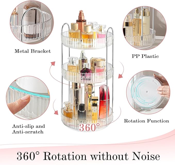 360° Rotating Makeup Organizer for Vanity, Spinning Cosmetics Organizer Holder Rack, Large Capacity Bathroom Organizer Countertop, Fits Perfume, SkinCare, Makeup Brushes 3 Tiers, Transparent-FemmiqueWomen
