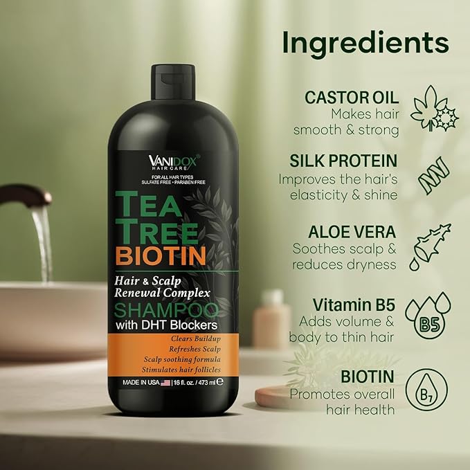 Tea Tree Oil Shampoo with Biotin, DHT Blockers, Itchy Scalp Relief, Supports Thicker-Looking Hair, Cleanses Dandruff & Buildup, For Men & Women, Made in USA, 16 fl oz-FemmiqueWomen