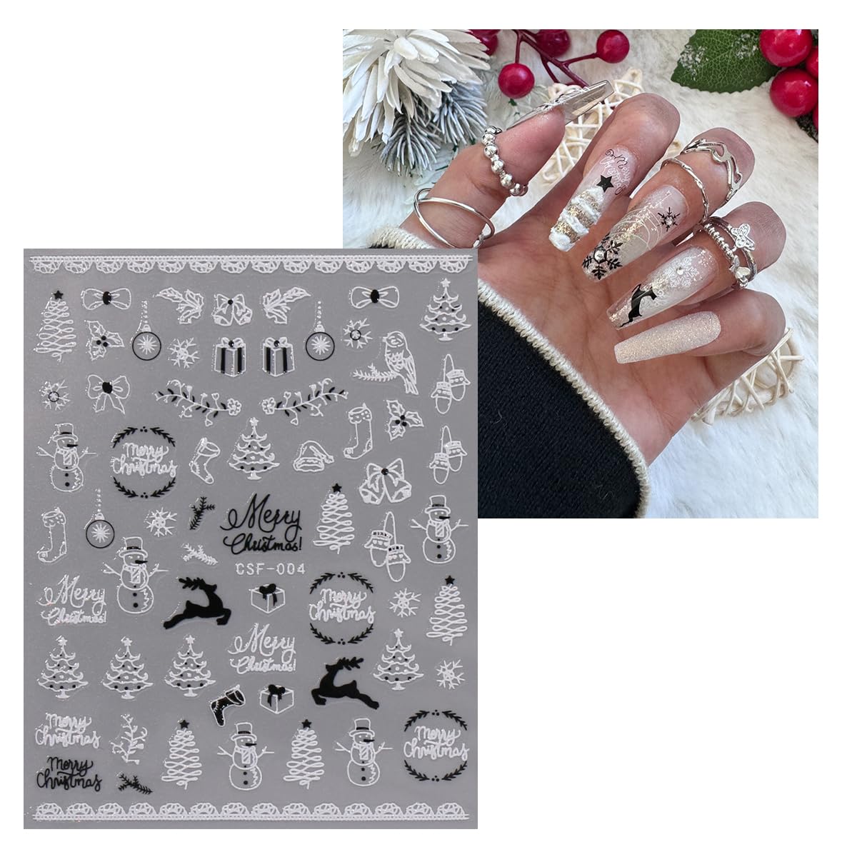 JMEOWIO 9 Sheets Christmas Glitter Nail Art Stickers Decals Self-Adhesive White Black Nail Supplies Nail Art Design Decoration Accessories-FemmiqueWomen