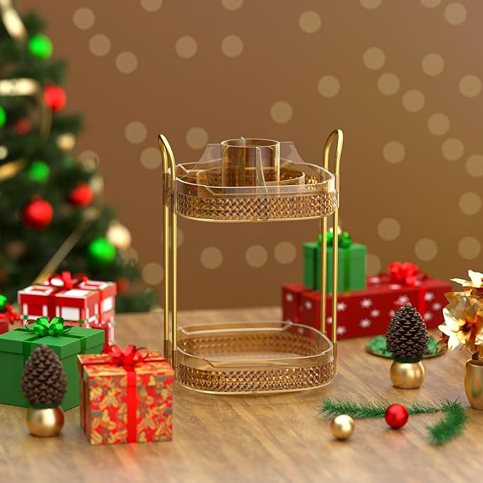 Awenia Rotating Makeup Organizer 360, Stackable Adjustable Large Capacity Cosmetic Storage Unit,Dresser Bathroom Kitchen Countertop Organizer with Metal Handle, Plus Size (Honorable Gold, 2 Tier)-FemmiqueWomen