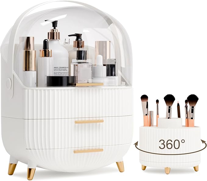 Makeup Organizers and Storage Make up Organizer for Vanity Cosmetics Skincare With Lid and Drawers Display Cases for Countertop Bathroom Women Teenager Girl Gifts(White+Brush Holder)-FemmiqueWomen