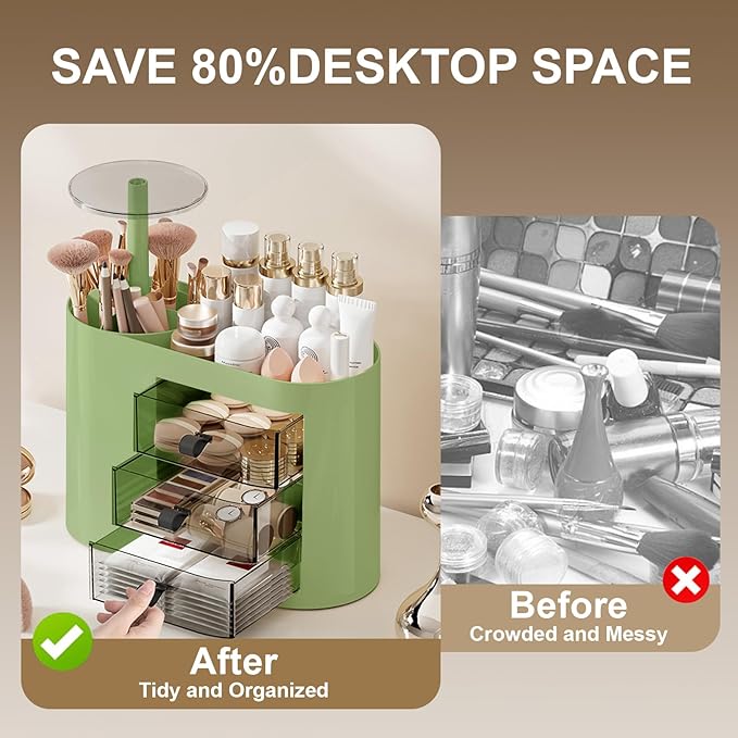 DASITON Makeup Organizer with 3 Drawers,Automatic Lifting Makeup Brush Holder with Lid,Large Capacity Makeup Organizers for Vanity,Bathroom Countertop,Ideal Storage Skin Care,Brushes,Lipstick (Green)-FemmiqueWomen