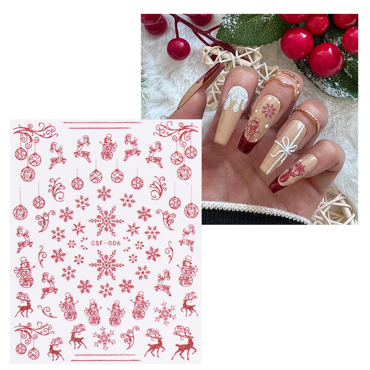 JMEOWIO 9 Sheets Christmas Glitter Nail Art Stickers Decals Self-Adhesive Red Nail Supplies Nail Art Design Decoration Accessories-FemmiqueWomen