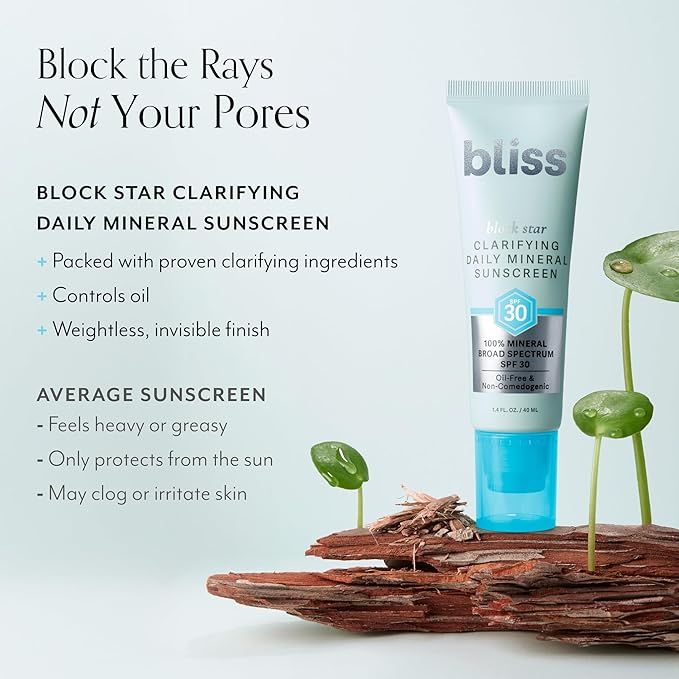 Bliss Block Star Clarifying Daily Mineral Sunscreen Broad Spectrum SPF 30, Blendable Pore Safe Formula for Blemish Prone Skin with Salicylic Acid and Witch Hazel, 1.4 Fl Oz-FemmiqueWomen