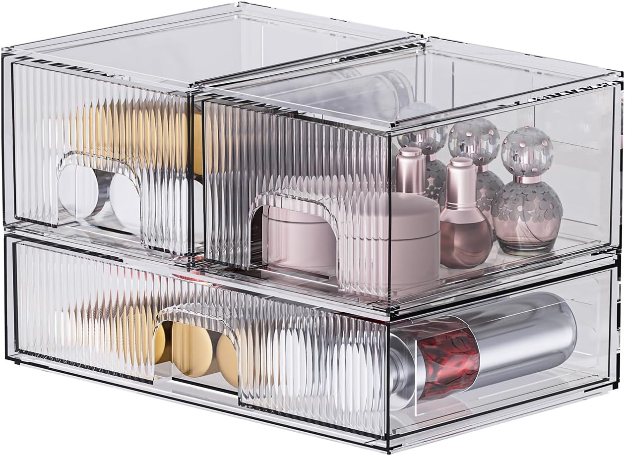 ZHIAI 3 Pack Clear Stackable Cosmetic Organizer with Acrylic Drawers for Cosmetics and Small Items for Dresser, Vanity, Kitchen Cabinet, Pantry, Home Organization and Storage-FemmiqueWomen