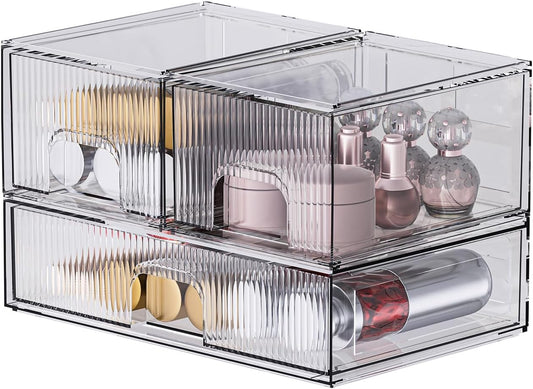 ZHIAI 3 Pack Clear Stackable Cosmetic Organizer with Acrylic Drawers for Cosmetics and Small Items for Dresser, Vanity, Kitchen Cabinet, Pantry, Home Organization and Storage-FemmiqueWomen