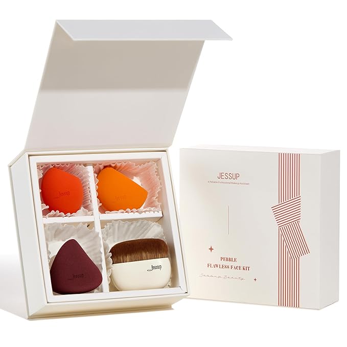 Jessup Foundation Brush with Makeup Sponge Set, 1pc Flat Top Kabuki Brush and 3pcs Make up Sponges for Concealer Blending Blush Powder Buffing Stippling with Gift Box, T505-FemmiqueWomen