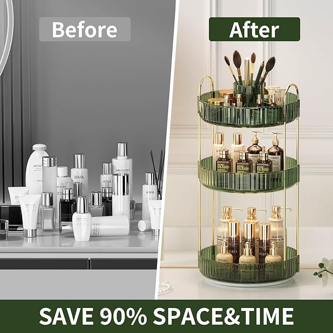 360° Rotating Makeup Organizer, Large-Capacity Skincare Make Up Storage 3 Tier Perfume Organizers Cosmetic Dresser Organizer with Makeup Brush Holder, Fits Bedroom, Bathroom, Vanity Shelf Countertop-FemmiqueWomen