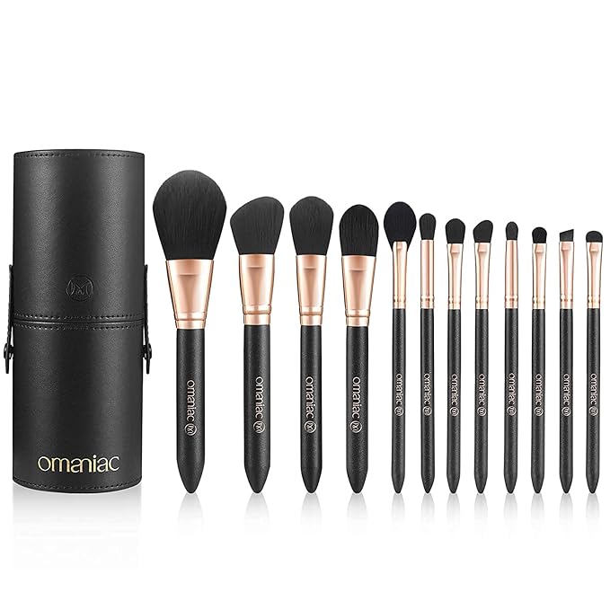 OMANIAC Makeup Brush Set Professional, 12 Pearlescent Wood Handle Makeup Brushes, Premium Cruelty-Free Synthetic Fiber Hair, Travel Make up Brushes Set with Case (Black).-FemmiqueWomen