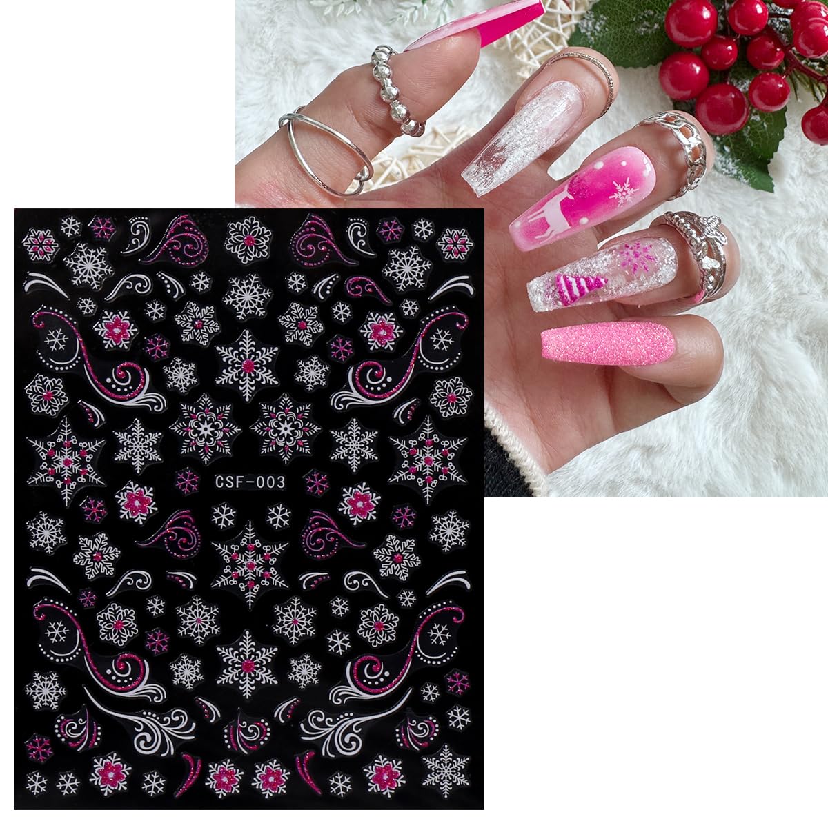 JMEOWIO 9 Sheets Christmas Pink Glitter Nail Art Stickers Decals Self-Adhesive Snowflake Winter Holiday Nail Supplies Nail Art Design Decoration Accessories-FemmiqueWomen