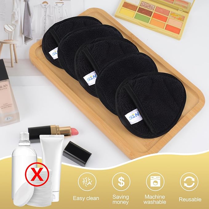 SINLAND Reusable Makeup Remover Pads For Face,Eye,Lips Microfiber Gentle Facial Cleansing Cloths for All Skin Types Friendly for Makeup Remover With Laundry Bag Black Pack of 12-FemmiqueWomen