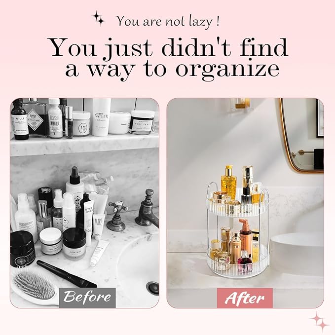 Rotating Makeup Organizer, 360° Spinning Makeup Storage Holder Rack, Dresser Bathroom Organizer Countertop, Large Capacity Perfume Skincare Lipstick Organizer for Vanity.(2 Tiers, Transparent)-FemmiqueWomen
