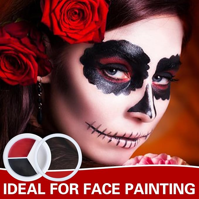 3 Colors Black White Red Face Body Paint Clown Makeup Palette Professional Face Paint for Halloween Cosplay Sfx Joker Zombie Vampire Makeup-FemmiqueWomen