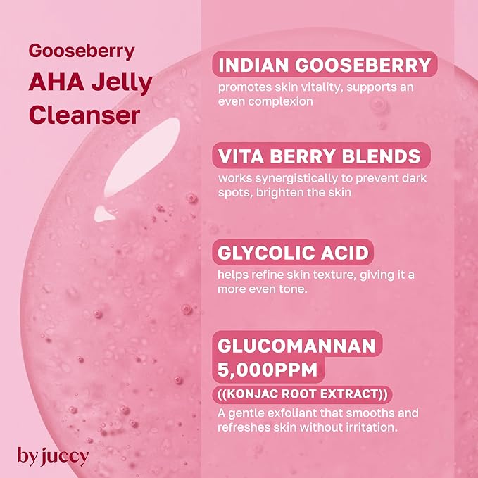By Juccy Gooseberry AHA Jelly Cleanser | Gentle & Hydrating | Low PH | Glycolic Acid, Indian Gooseberry, Sea Buckthorn | Exfoliates Dead Skin CellsㅣKorean Face Wash | Korean Skin Care | 4.05 Fl.oz-FemmiqueWomen
