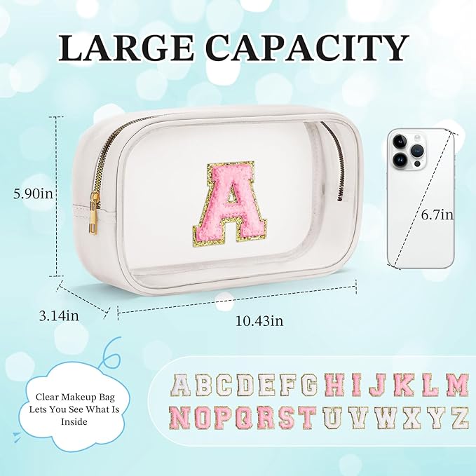 YOOLIFE Initial Makeup Bag Travel Toiletry Bag Clear Makeup Bag Preppy Cosmetic Bag Gifts for Girls Kids Graduation Gifts Birthday Gifts for Girls Kids Birthday Gifts Swim Gifts White L-FemmiqueWomen