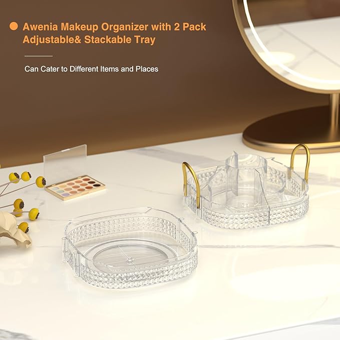 Awenia Rotating Makeup Organizer 360, Stackable Adjustable Large Capacity Cosmetic Storage Unit,Dresser Bathroom Kitchen Countertop Organizer with Metal Handle, Plus Size (Clear, 2 Tier)-FemmiqueWomen