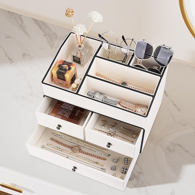 GORESE Leather Makeup Organizer with Drawers for Vanity, Stackable Skincare Holder Dresser Organizer Countertop, Make Up Storage Organizers Counter Cosmetic Display Case Gifts for Women(Cream White)-FemmiqueWomen