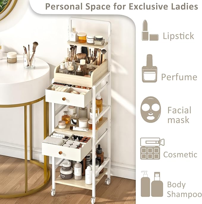 Wisdom Star Makeup Organizer Cart with 2 Drawers, Floor Skincare Organizers, Makeup Storage, Vanity Organizer, Cosmetics Display, Versatile Skin care Perfume Nail Polish Storage Rack for Bathroom-FemmiqueWomen