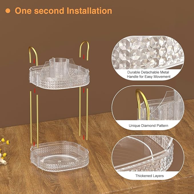 Awenia Rotating Makeup Organizer 360, Stackable Adjustable Large Capacity Cosmetic Storage Unit,Dresser Bathroom Kitchen Countertop Organizer with Metal Handle, Plus Size (Clear, 2 Tier)-FemmiqueWomen