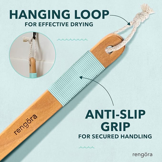 Long Handled Back Scrubber for Shower 18"" Handle Boar Bristle Back Brush – Wooden Bath Brush, Back Scrubbing Brush, Shower Brush, Body Scrub Brush, Bath Brush Long Handle for Shower by rengöra