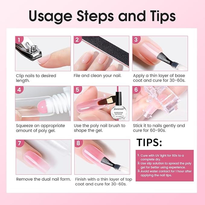 JEWHITENY Poly Extension Gel Nail Set Clear White Pink Poly Nail Gel With Base Coat Top Coat for Finger Art and Home DIY French Manicure Need U V Lamp Curing-FemmiqueWomen