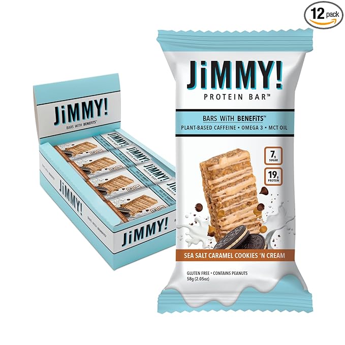 JiMMYBAR! - Sea Salt Caramel Cookies N' Cream - 19g High Protein Bars - 7g Sugar - 12 Count - 58g Health Bars - Natural Peanut Butter Core - Caffeinated Protein Bar For Energy- Hand Drizzled Chocolate-FemmiqueWomen