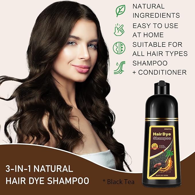 Natural Black Tea Hair Dye Shampoo 3-in-1, 100% Gray Hair Coverage in Minutes, Hair Instant Dye Shampoo for Women Men, Plant Based Hair Color Shampoo with Conditioner, Champu Con Tinte Para Canas-FemmiqueWomen