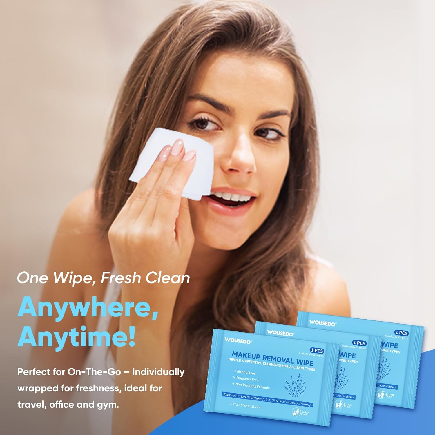 100 Count Makeup Remover Wipes, Bulk Gentle Cleansing Facial Towelettes, Individually Wrapped Travel Size,Alcohol-Free & Hypoallergenic for All Skin Types-FemmiqueWomen