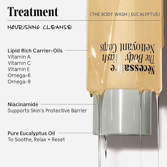 Nécessaire The Body Wash Eucalyptus - Natural Body Wash for Women & Men, Replenishing Shower Gel with Niacinamide, Vitamin C/E + Omega 6/9. Oil-In-Gel Cleanse, 8.4 fl oz.-FemmiqueWomen