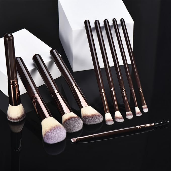 10 Piece Black brown Makeup Brushes and 10 Piece Makeup Sponge – Wooden Handle,with Soft Synthetic Bristles,|Professional Makeup Brushes set for Women & Girls|-FemmiqueWomen