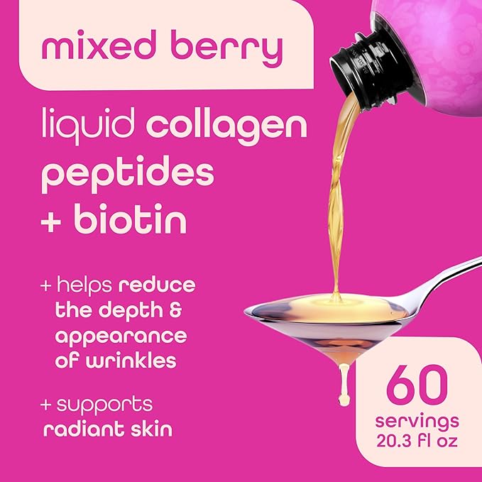 Zena Nutrition Liquid Collagen Peptides and Biotin, 2500mg Verisol Bioactive Collagen Peptides, 5000mcg Biotin, Hair, Skin, Nail Supplement for Women and Men, Mixed Berry, 60 Servings, 20.3 fl oz-FemmiqueWomen