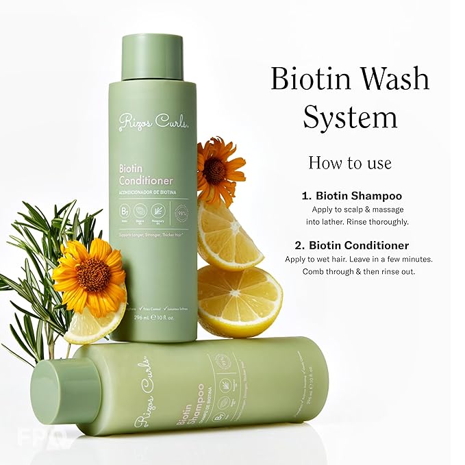 Rizos Curls Biotin Shampoo, Gently Cleanse & Nourish, Rosemary Oil & Oat Protein for Longer and Stronger Hair, Hair is Fuller, Softer & Shinier, 2.5 oz-FemmiqueWomen