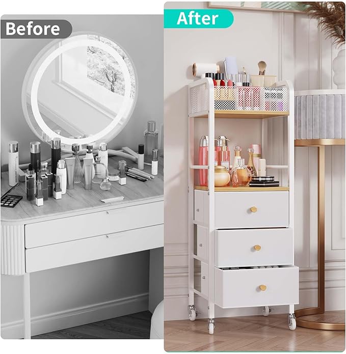 HapiRm Rolling Makeup Cart Organizer - Floor Skincare Make Up Storage with 3 Drawers, Vanity Organizer Cosmetic Display Cases Holder for Skin Care Perfume Nail Polish Brush Hair Tool-FemmiqueWomen