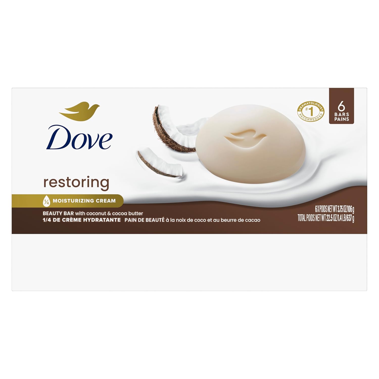 Dove Beauty Bar Soap Restoring Coconut & Cocoa Butter 6 Count for Restored Skin, Nourishes Skin 3.75 oz-FemmiqueWomen