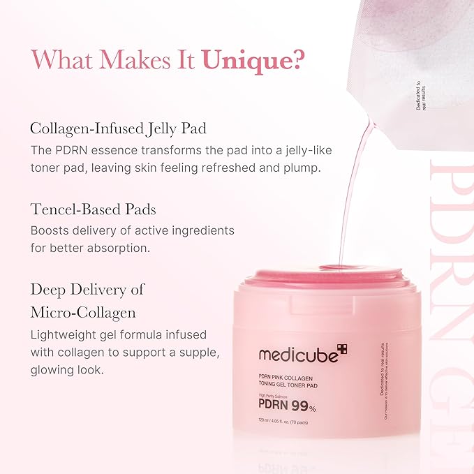 medicube Salmon DNA PDRN Pink Collagen Jelly Pad | Korean Gel Toner Pads with Niacinamide, Madecassoside, Retinol | Soothing, Radiance & Uneven Skin Tone | Korean Skin Care | 70Pads-FemmiqueWomen