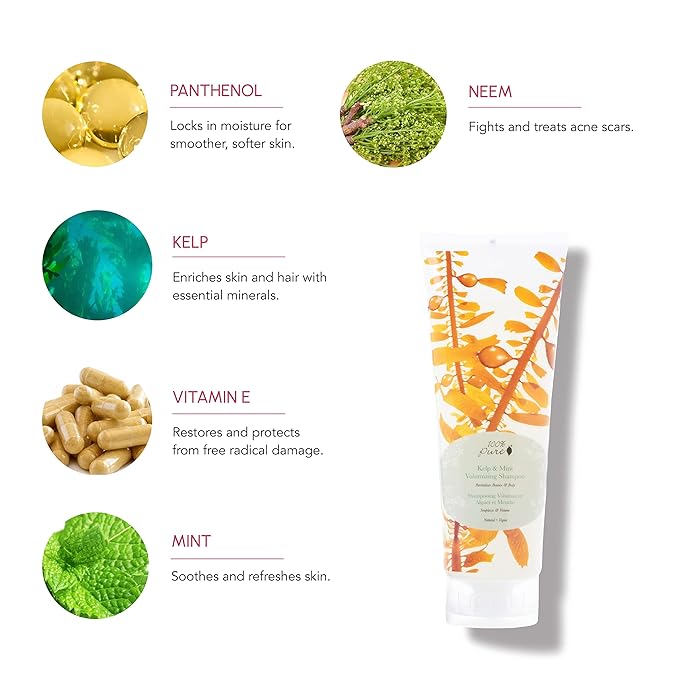100% PURE Kelp & Mint Volumizing Shampoo Purifying Hydration & Deep Detox - Botanical Body Boost for Dry, Damaged Thinning Hair, Promotes Healthy Growth for Women & Men - Sulfate Free - 8 Fl Oz-FemmiqueWomen