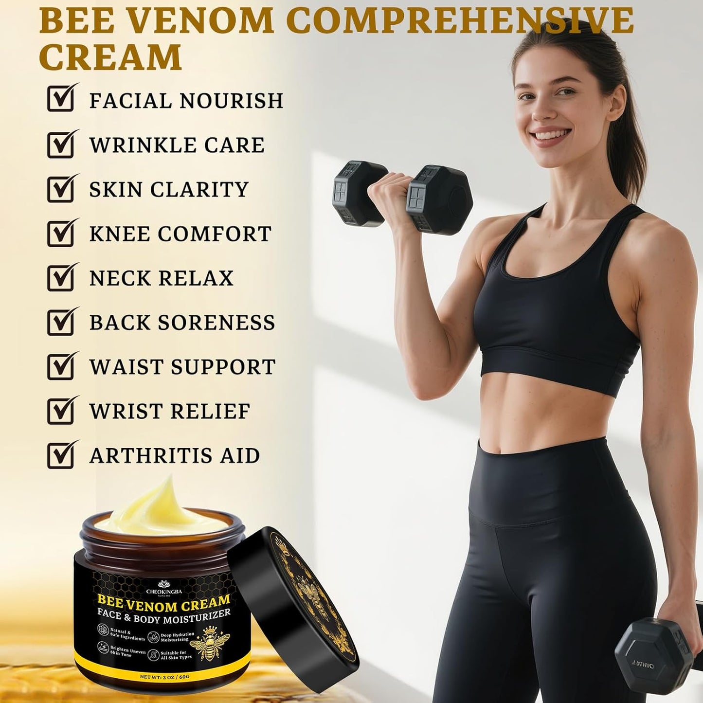 2PCS Bee Venom Comprehensive Cream: Wrinkle Care Face Lift & Firming, Effective In Reducing Skin Blemishes, Natural Care and Non-Irritating, Bee Venom Joint Cream for All Body Parts, 60g * 2PCS-FemmiqueWomen