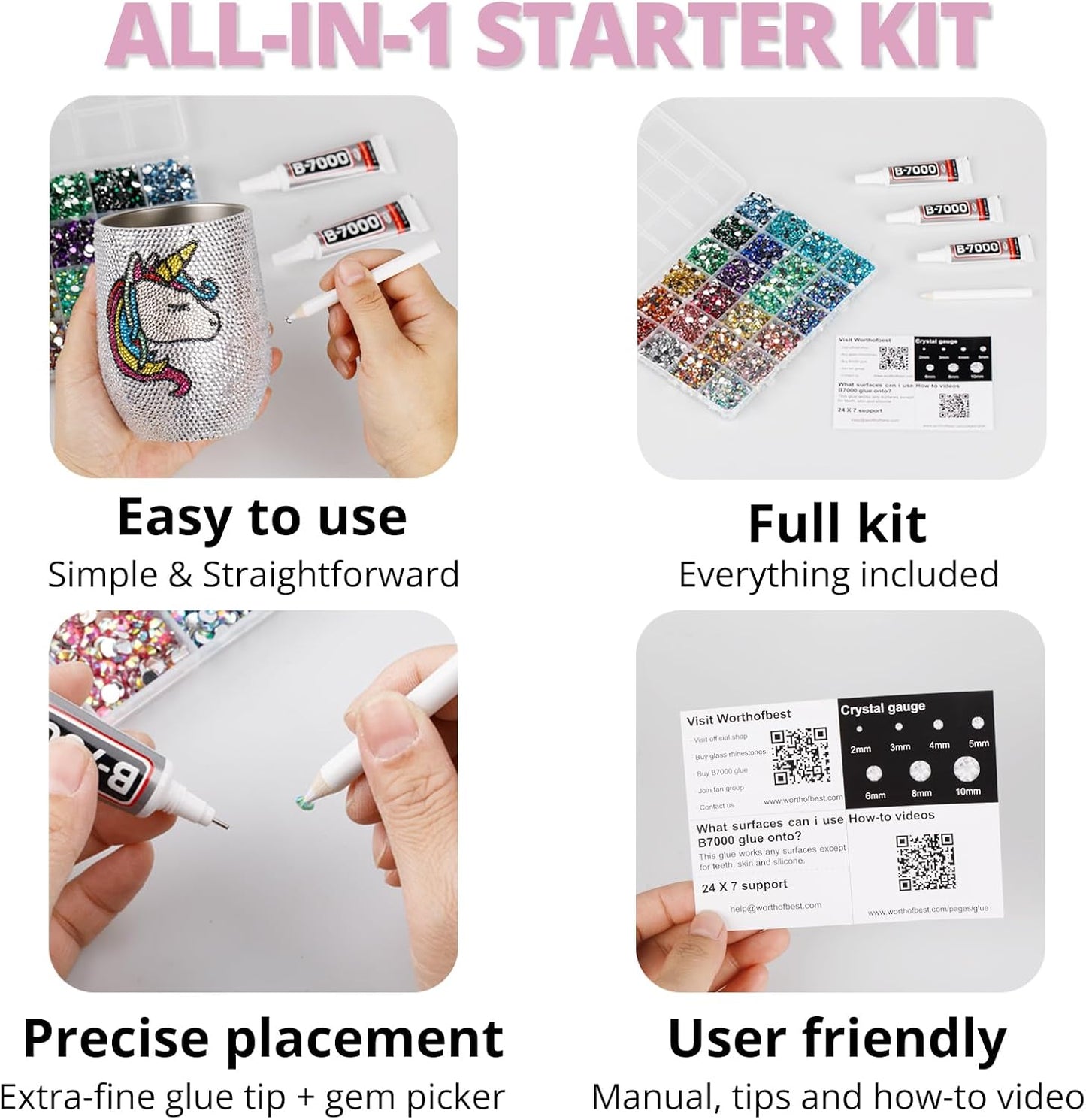 30000Pcs Resin Rhinestones Set for Crafting Bedazzling, Light Pink Flatback Gems Jewels for Crafts Clothes Shoes Fabric Outfit Nails Makeup, Flat Back Crystal 2-6mm with b 7000 Glue-FemmiqueWomen