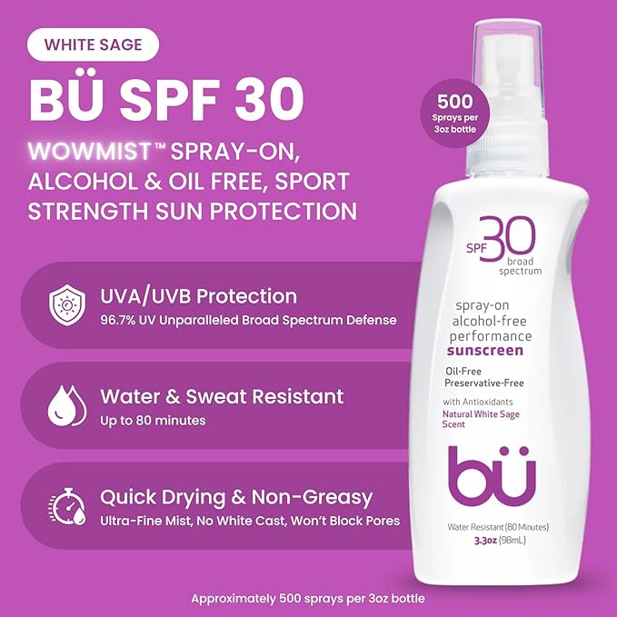 BU SPF 30 Sunscreen Spray for Face and Body, Non Aerosol Spray, Ultrafine WOWmist, TSA Travel Size Sunscreen, Clear, Non Greasy, Water Resistant, White Sage 3.3 oz-FemmiqueWomen