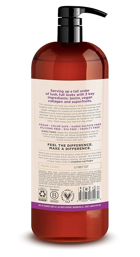 Soapbox Biotin Shampoo, Biotin & Collagen Super Fruit Shampoo for Thin, Fine, Thinning Hair | Volumizing & Repairing to Promote Hair Growth, Strength, Fullness, 1 Liter Pump Bottle-FemmiqueWomen