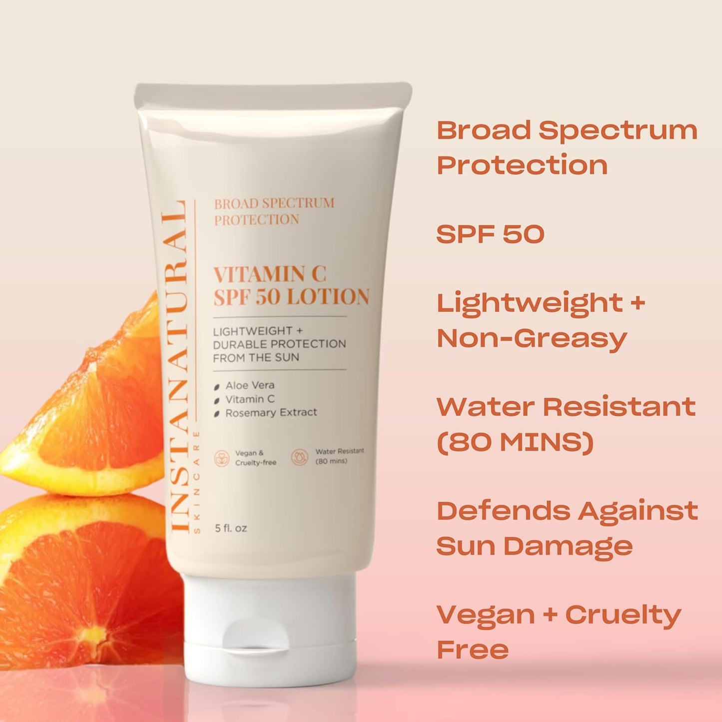 InstaNatural Skin Care Vitamin C SPF 50 Broad Spectrum Sunscreen Lotion, Lightweight, Non-Greasy Moisturizer for Body & Face, UVA, UVB Sunblock, with Aloe Vera & Botanicals, 5 Fl Ounce (Pack of 1)-FemmiqueWomen