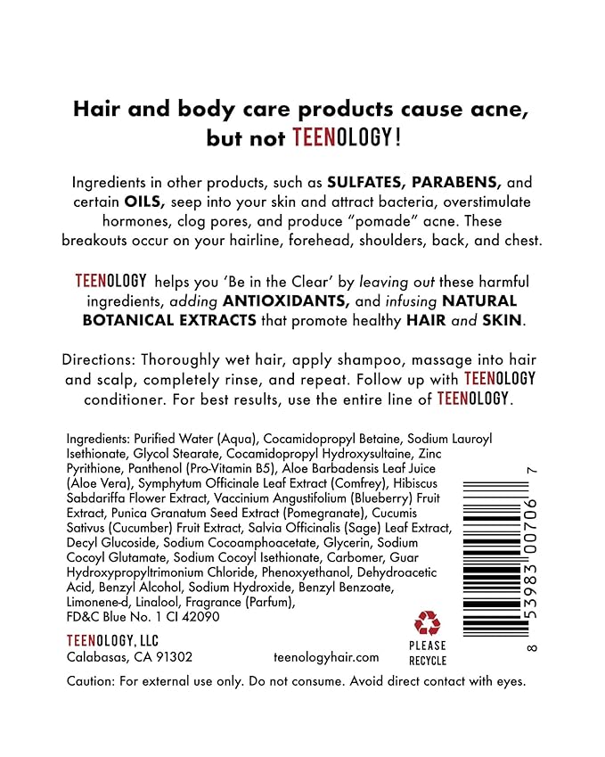 Teenology Shampoo for Teens - Avoid Forehead and Body Breakouts - No Sulfates or Parabens, Noncomedogenic, Natural Botanical Extracts, 16 oz. (Blueberry Pomegranate Cucumber)-FemmiqueWomen