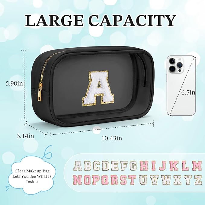 YOOLIFE Travel Clear Makeup Bag Toiletry Bag, Make up Bag Waterproof Toiletry Bags for Women Cosmetic Bag Birthday Gifts for Women Personalized Mother Girlfriend Wife Bridesmaid Gifts Black Letter C-FemmiqueWomen